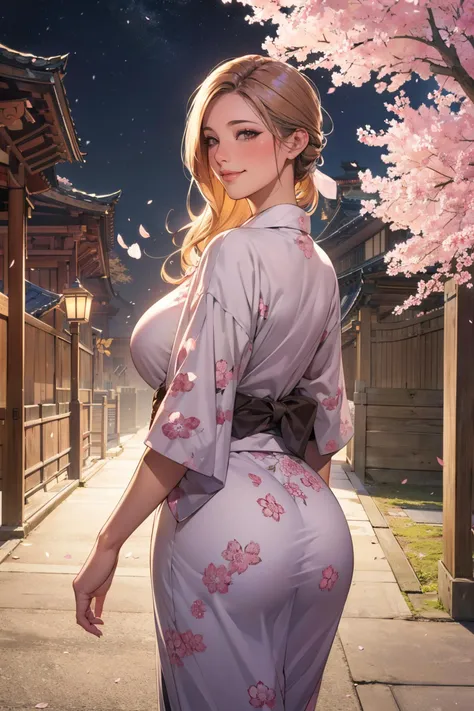 (masterpiece:1.3), (best quality:1.3), 8k, highres, intricate detailed, highly detailed, detailed background, depth of field, hdr, raw photo, sharp focus, film grain, tilt camera, perspective, cowboy shot, looking back over shoulder, 1girl, solo, beautiful woman, random hairstyle, blonde hair, brown eyes, (long eyelashes:1.3), (eyeshadow:1.3), blush, gloss lips, (smirk:1.3), large breasts, large butt, curvy body, yukata, looking at viewer, strolling in japanese village, outdoors, cherry blossom tree, falling petals, japanese castle, japanese architecture, east asian architecture, scenery, landscape, foggy, night, starry sky