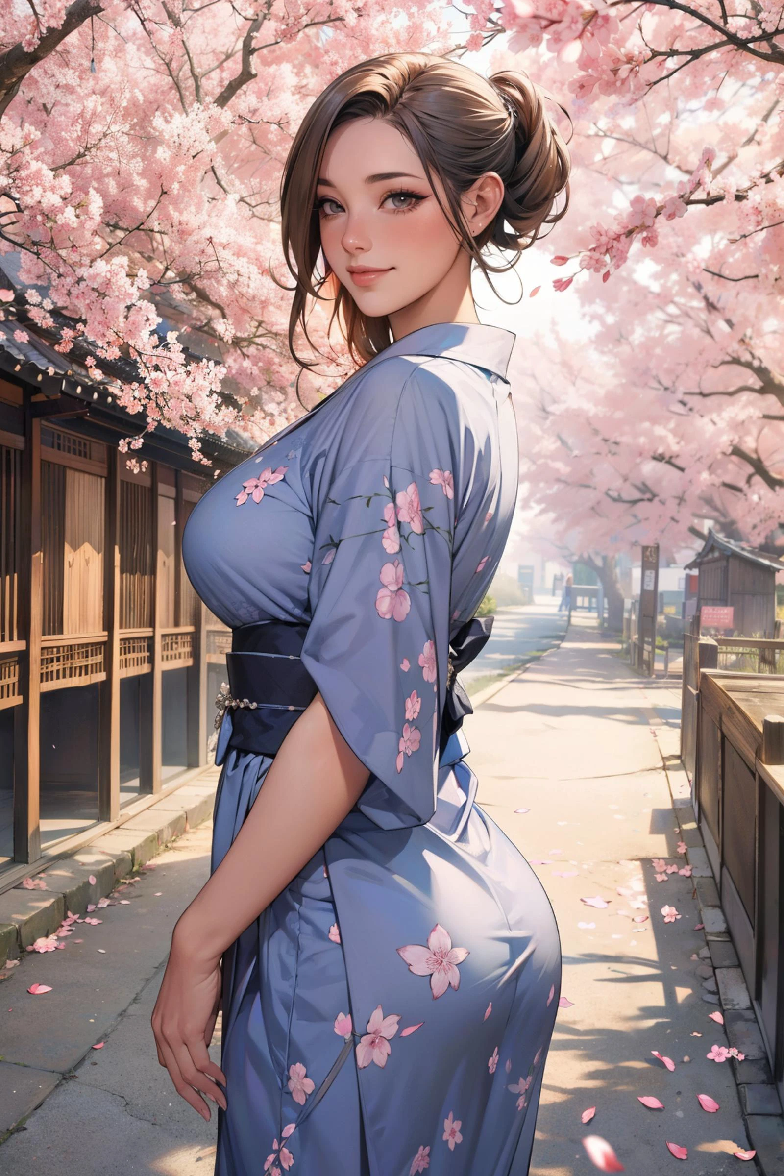 (masterpiece:1.3), (best quality:1.3), 8k, highres, intricate detailed, highly detailed, detailed background, depth of field, hdr, raw photo, sharp focus, film grain, tilt camera, perspective, cowboy shot, looking back over shoulder, 1girl, solo, beautiful woman, random hairstyle, blonde hair, brown eyes, (long eyelashes:1.3), (eyeshadow:1.3), blush, gloss lips, (smirk:1.3), large breasts, curvy body, yukata, looking at viewer, strolling in japanese village, outdoors, cherry blossom tree, falling petals, japanese castle, japanese architecture, east asian architecture, scenery, landscape, foggy, starry sky