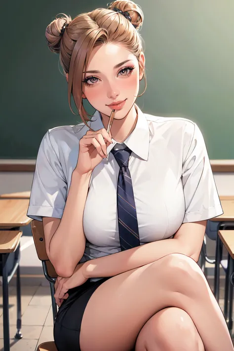 (masterpiece:1.3), (best quality:1.3), 8k, highres, intricate detailed, highly detailed, detailed background, depth of field, perspective, hdr, sharp focus, tilt camera, 1girl, solo, mature female, blonde hair, hair double bun, brown eyes, (long eyelashes:1.3), (eyeshadow:1.3), blush, gloss lips, (smirk:1.2), large breasts, sexy body, school uniform, white collared shirt, short sleeves, long necktie, pencil skirt, looking at viewer, sitting, crossed legs, tempting pose, indoors, classroom