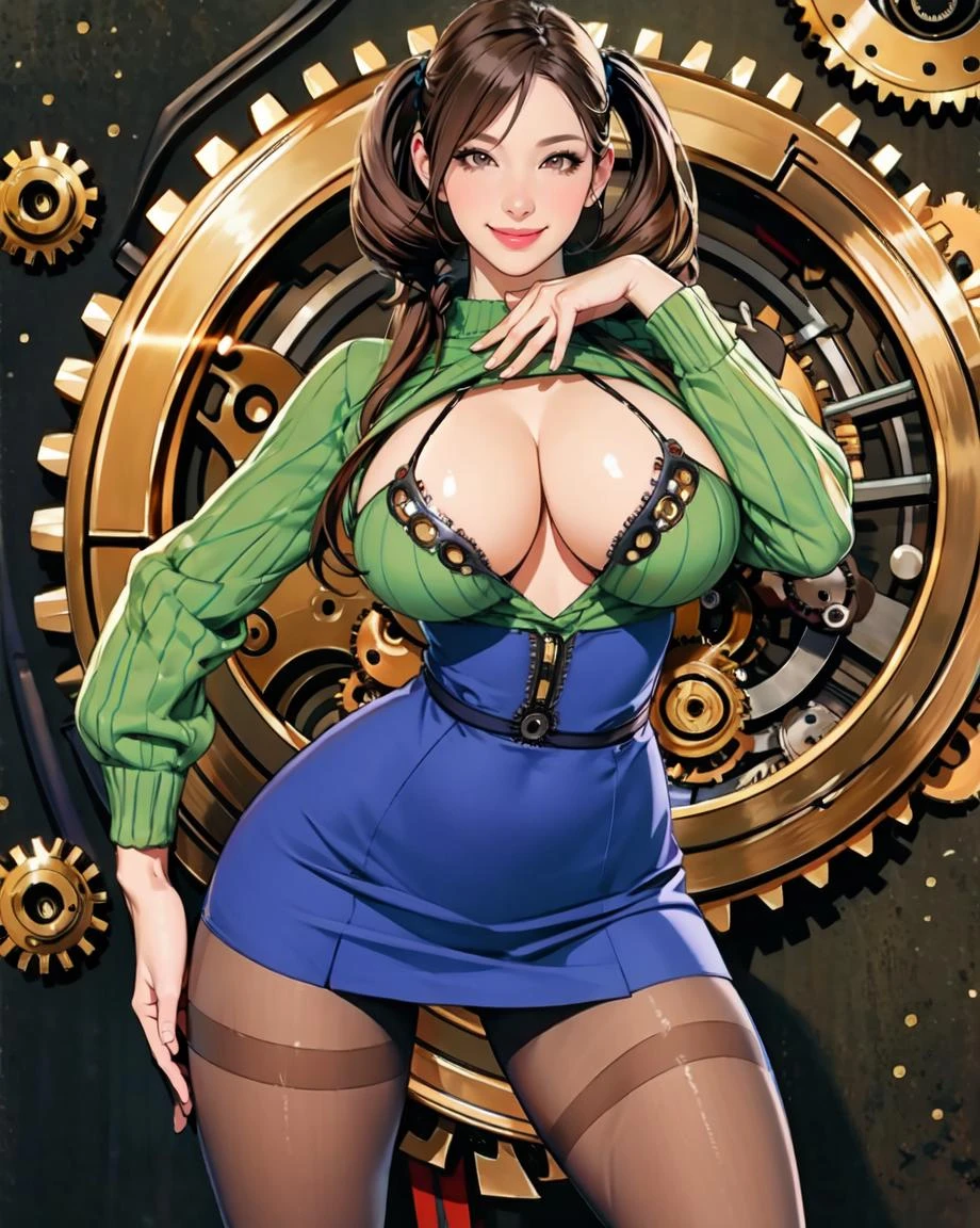 (solo focus:1.4), (medium shot:1.4), image of a mature lady,  (look at viewer:1.4), short_twintails,
(blazer),  green_yellow (Textured knit skirt:1.3), [intricate detail::0.5], 
(huge breast:1.4), (thin-waist, thin-pelvic:1.2), pelvic born, (wide-pelvic:1.25), tan-color (pantyhose:1.4), (thick thigh:1.48),
(dynamic pose, seductive pose:1.4), 
 (Timeless clockwork city with gears and mechanical wonders:1.4), 
(best quality, realistic:1.4)