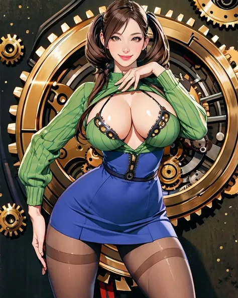 (solo focus:1.4), (medium shot:1.4), image of a mature lady,  (look at viewer:1.4), short_twintails,
(blazer),  green_yellow (Textured knit skirt:1.3), [intricate detail::0.5], 
(huge breast:1.4), (thin-waist, thin-pelvic:1.2), pelvic born, (wide-pelvic:1.25), tan-color (pantyhose:1.4), (thick thigh:1.48),
(dynamic pose, seductive pose:1.4), 
 (Timeless clockwork city with gears and mechanical wonders:1.4), 
(best quality, realistic:1.4)