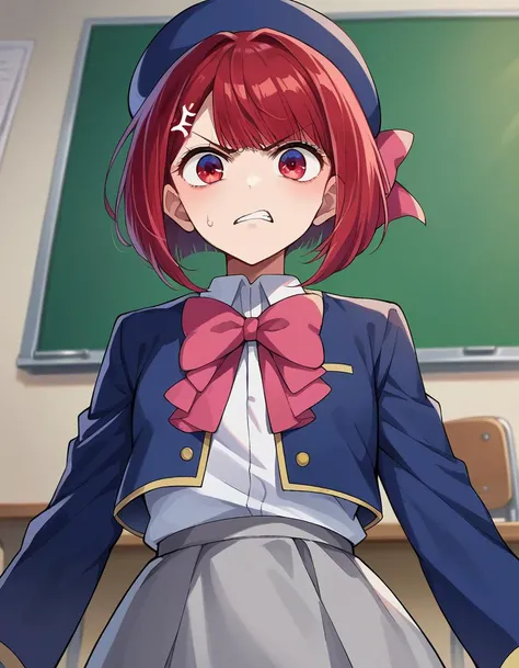 score_9, score_8_up, score_7_up, source_anime,
kanaarima, <lora:kanna-arima-ponyxl-lora-nochekaiser:1>,
kana arima, short hair, bangs, red eyes, red hair, bob cut, angry, anger vein,
skirt, long sleeves, hat, bow, school uniform, jacket, pink bow, grey skirt, blue headwear,
indoors, classroom,
looking at viewer, cowboy shot, dutch angle,