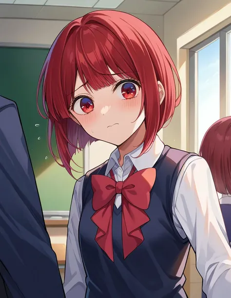 score_9, score_8_up, score_7_up, source_anime,
kanaarima, <lora:kanna-arima-ponyxl-lora-nochekaiser:1>,
kana arima, short hair, bangs, red eyes, red hair, bob cut, sun, embarrassed, blush,
long sleeves, school uniform, white shirt, collared shirt, vest, black vest,
indoors, classroom, hallway,
looking at viewer, cowboy shot, dutch angle,