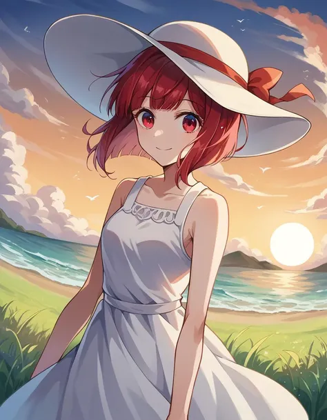 score_9, score_8_up, score_7_up, source_anime,
kanaarima, <lora:kanna-arima-ponyxl-lora-nochekaiser:1>,
kana arima, short hair, bangs, red eyes, red hair, bob cut, sun, smile,
hat, dress, ribbon, sleeveless, white dress, sleeveless dress, white headwear, sun hat, sundress,
outdoors, wind, ocean, grass, clouds, sun,
looking at viewer, cowboy shot, dutch angle,