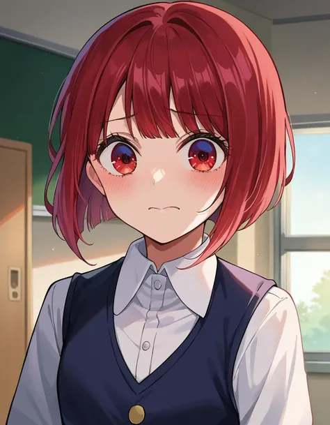 score_9, score_8_up, score_7_up, source_anime,
kanaarima, <lora:kanna-arima-ponyxl-lora-nochekaiser:1>,
kana arima, short hair, bangs, red eyes, red hair, bob cut, sun, embarrassed, blush,
long sleeves, school uniform, white shirt, collared shirt, vest, black vest,
indoors, classroom, hallway,
looking at viewer, cowboy shot, dutch angle,