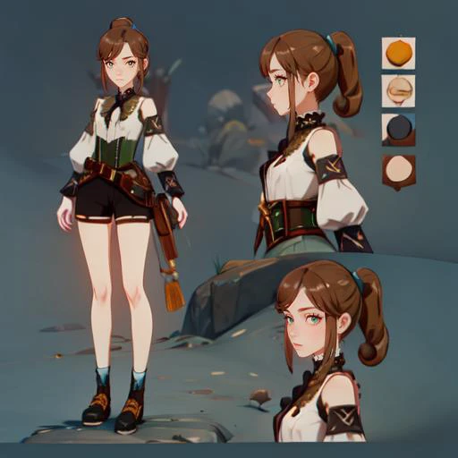 (masterpiece, best quality),(depth) of (field), simple backgroung, one color background,<lora:CharacterDesign_Concept-10:0.6> CharacterSheet, (multiple views, full body, upper body, profile, reference sheet:1), <lora:Genshin-LoRA-V2:0.8> <lora:Ellin_GenshinImpactNPC:0.8> green_eyes, brown_hair, detached_sleeves, blunt_bangs, pony_tail, corset, belt, white_shirt, shorts, adult