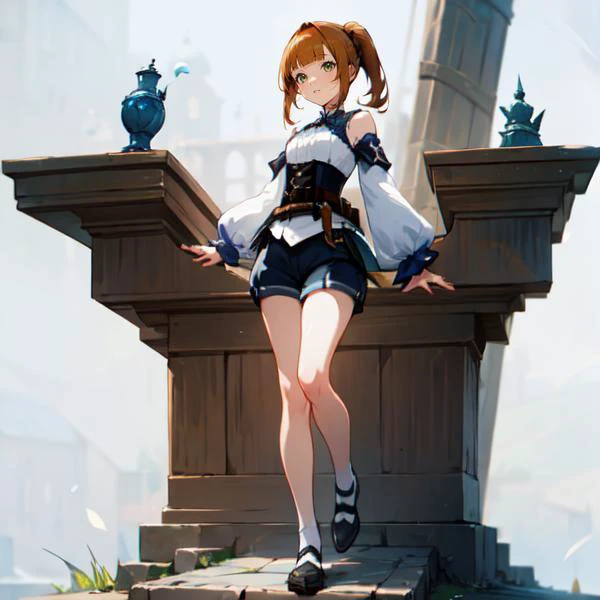 (masterpiece, best quality),(depth) of (field), <lora:Ellin_GenshinImpactNPC:0.8> green_eyes, brown_hair, detached_sleeves, blunt_bangs, fantasy, knight, pony_tail, corset, belt, white_shirt, shorts <lora:lihui4JXK-b2-bf16-128-128-1-re1-ep3-768-DA-5015fix:0.9> [(white background:1.5)::5], isometric, mid shot, full body, adult