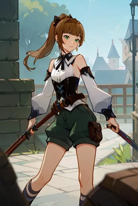 (masterpiece, best quality),(depth) of (field),  <lora:Ellin_GenshinImpactNPC:0.8> green_eyes, brown_hair, detached_sleeves, blunt_bangs, pony_tail, corset, belt, white_shirt, shorts,  <lora:GenshinTCG:0.9>, adult