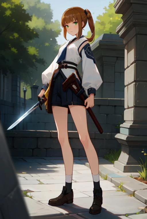 (masterpiece, best quality),(depth) of (field),  <lora:Ellin_GenshinImpactNPC:0.8> green_eyes, brown_hair, blunt_bangs, pony_tail, standing, weapon, holding weapon, sword, adult