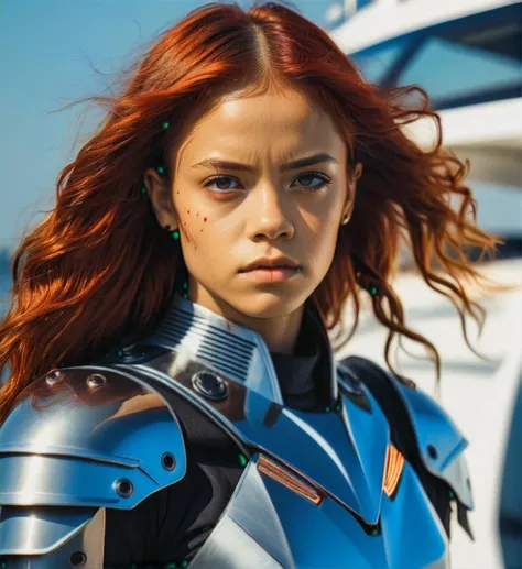 (Cinematic Photo:1.3) of (Masterpiece:1.3),(Angry:1.3) professional portrait photograph of a 25 year old, jenna ortega woman, <lora:jenna ortega woman v1a:1> with (long red hair), (wearing futuristic armor:1.2), (looking to the right in a yacht:1.2), summer <lora:DetailedEyes_V3:0.8> (pores:0.5) (freckles:0.2),Highly Detailed,(80s Art:1.3),(Classical Realism:1.3),(Rococo:1.3),naturalism,land Art,regionalism,shutterstock contest winner,trending on unsplash,featured on Flickr