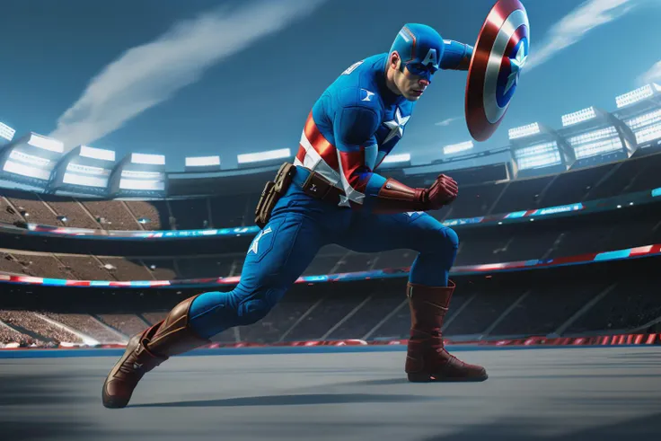 fantchar, captain america wearing his signature blue costume, sports stadium in the background, motion blur realistic, highly detailed, intricate