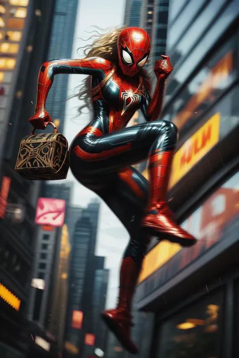 fantchar, a woman spiderman swinging through a busy city, realistic, highly detailed, intricate, motion blur, mask