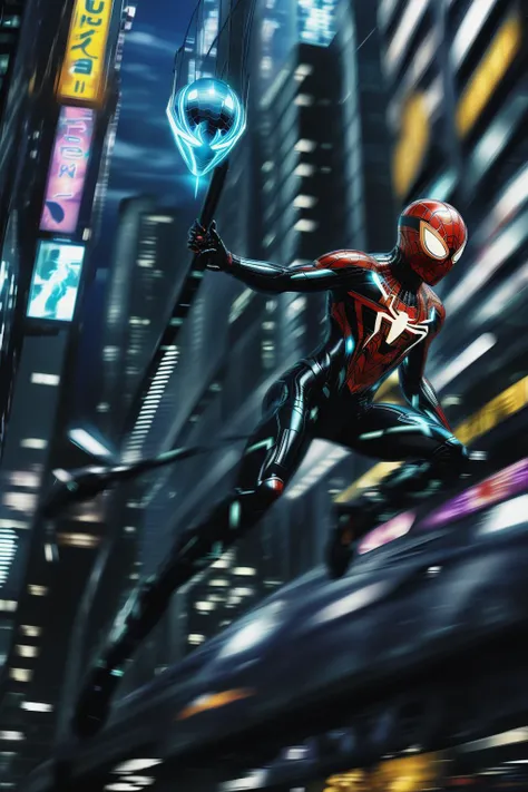 fantchar, a futuristic tron spiderman swinging through a busy city, realistic, highly detailed, intricate, motion blur, mask, male