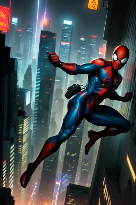 (ultra realistic, highly detailed:1.4), best quality, masterpiece,spiderman in a dynamic pose, swinging through a bustling cityscape at dusk, ((with skyscrapers and neon lights in the background)), ((emphasizing the sense of speed and movement)), ((in the style of comic book illustrations)), ((vibrant colors and bold lines)), capturing the moment of action as he shoots webs from his wrists towards an unseen villain, ((cinematic and epic atmosphere)), showing the intensity and agility of Spiderman as he navigates between buildings effortlessly, ((with dramatic shadows and highlights)), ((highlighting the iconic red and blue costume)), ((emulating the sense of height and vertigo)), ((with an attention to detail on the textures of buildings and materials)), ((utilizing depth of field to enhance the foreground and background separation)).