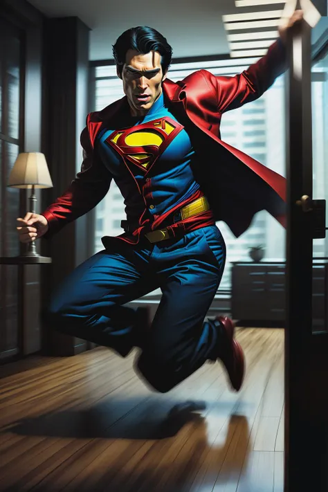 fantchar, superman in a business suit running to grab the telephone in his apartment, black pants, open jacket, motion blur, realistic, highly detailed, intricate