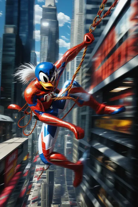 fantchar, a donald duck spiderman swinging on a white web-rope through a busy city, realistic, highly detailed, intricate, motion blur, red and blue costume