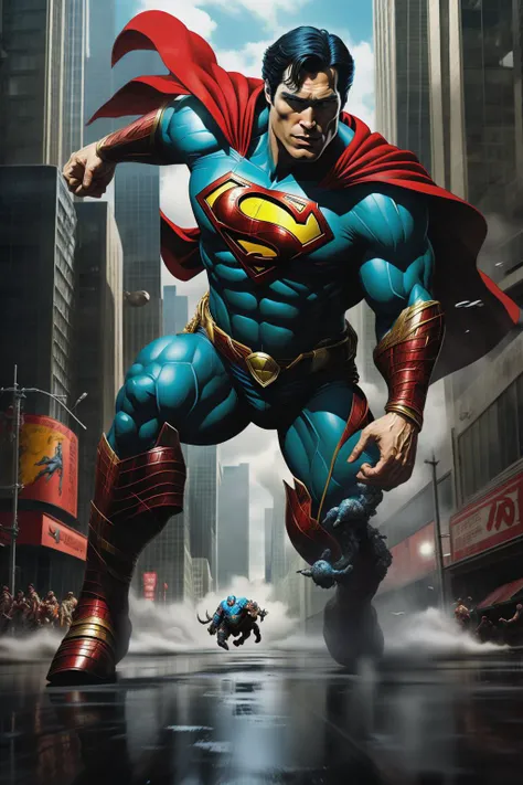 fantchar, superman as a kaiju stomping through a city, realistic, highly detailed, intricate