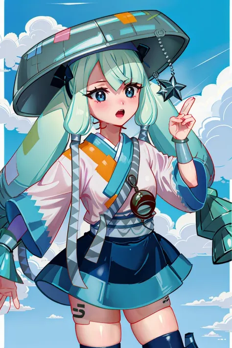 (masterpiece, best quality, highres, ultra detailed:1.2), (solo, 1girl, cowboy shot), haganemiku, light blue hair, twintails, hat, japanese clothes, blue eyes, thighhighs, long sleeves, skirt, pants, star \(symbol\), BREAK, open mouth, (dynamic pose, blue sky, clouds)