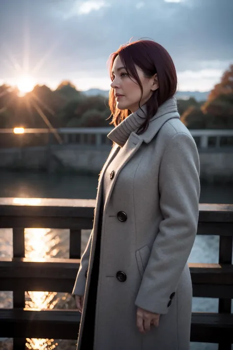 middle-aged english woman standing on a bridge looking over the edge. dawn, autumnal. volumetric light. cold, overcoat. 35mm f/1.8 bokeh, shallow depth of field.