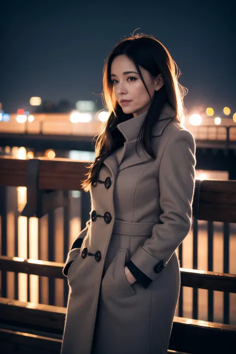 middle-aged english woman standing on a bridge looking over the edge. dawn, autumnal. volumetric light. cold, overcoat. 35mm f/1.8 bokeh, shallow depth of field.