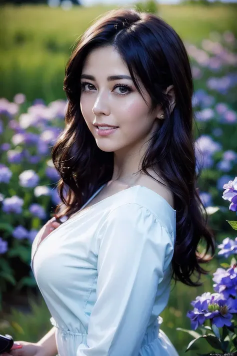 ((highest quality)), ((8K)), ((masterpiece:1.3)), (perfect look), (photorealism:1.6), (Japanese woman standing in the middle of a flower field: 1.6), (outdoors), (bright blue sky), (Nemophila flower garden: 1.6), japanese woman, 47 years old, (landscape), married woman, Wedding ring on the left ring finger, ((Realistic skin texture)), (Fine wrinkles throughout the skin: 1.3), (Dull skin: 1.1), (Skin without moisture: 1.2) , (Wrinkles on the face: 0.9), (Wrinkles on the corners of the eyes: 1.2), Double eyelids, tear bags on the lower eyelids, (Crying moles: 0.9), The eyes are looking here, serious gaze, (Dimples: 1.2), facial wrinkles:1.2, wrinkles around the eyes:0.8, tear bags around the eyes, double eyelid, long hair, (hair in ponytail), (hair falls over ears), nervous look, (open front nightgown), (silk fabric nightgown:1.2), (small breasts:1.2), soft fabric blouse, wide sleeves, Cuffs that fit your wrist, (The hem of the blouse is tucked into the skirt: 1.2), flare skirt, The shape of the nipple that stands out, (small breasts), (hard and erect nipples:1.2), ((whole body)), (super low angle:1.5), focus on face, hideko_face,