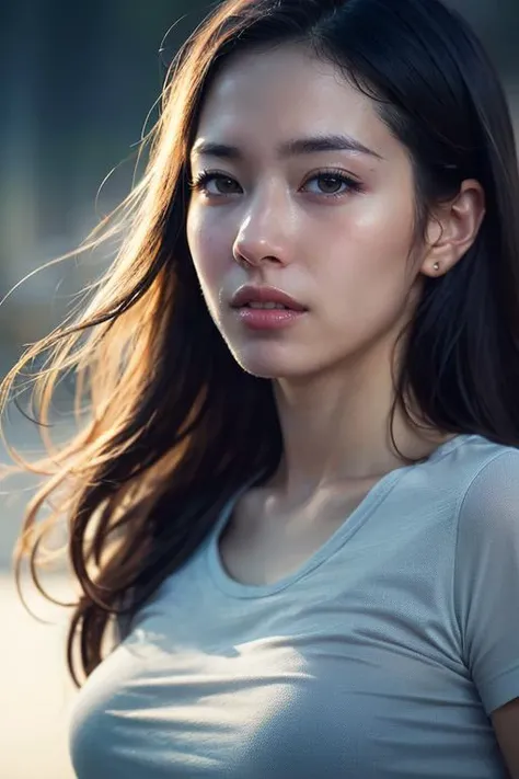 dressed, (photo realistic:1.4), (hyper realistic:1.4), (realistic:1.3),
(smoother lighting:1.05), (increase cinematic lighting quality:0.9), 32K,
1girl,20yo girl, realistic lighting, backlighting, light on face, ray trace, (brightening light:1.2), (Increase quality:1.4),
(best quality real texture skin:1.4), finely detailed eyes, finely detailed face,
(tired and sleepy and joy), (laugh:0), face closeup, t-shirts,
(Increase body line mood:1.1), (Increase skin texture beauty:1.1)