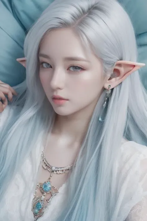 (high quality, detailed, beautiful),
1girl, perfect face, elf ears, long ears, white hair, long hair, long brows, colored skin, blue skin, grey skin, yellow eyes, jewelry
white clothes, lying on side, looking at viewer,