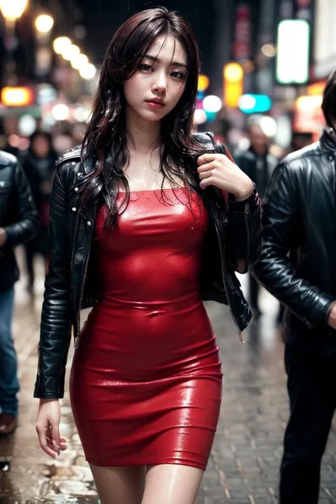Portrait of a girl, the most beautiful in the world, Red midi dress with a black leather jacket and ankle boots, (colorful), cowboy shot, outdoors, intense sunlight, street, rainy city, crowded background, professional photograph of a stunning woman detailed, sharp focus, dramatic, award winning, cinematic lighting, volumetrics dtx, (film grain, blurry background, blurry foreground, bokeh, depth of field, interaction), (masterpiece), (extremely intricate:1.3), wet skin, socked, (realistic)<lora:add_detail:0.8>