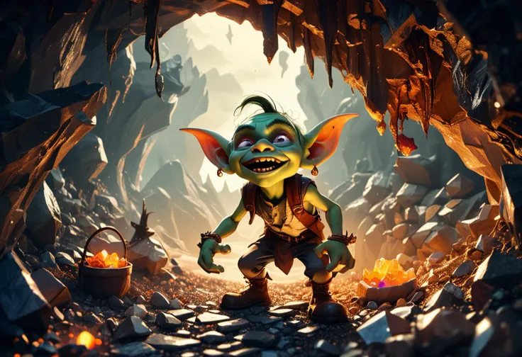 , (medium shot , wide angle view) of mischievous goblin discovering a hidden treasure, detailed face, located in a magical scene at a enchanted crystal cave during golden hour with stormy weather, illuminated by glowing embers, creating a magical epic atmosphere, ,Masterpiece,best quality, photo, realistic, very aesthetic
