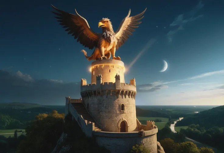 (medium full shot) of (long shot , wide angle view) of majestic griffin summoning magic, detailed face, located in a magical scene at a serene wizard's tower during starlit night with sunny weather, illuminated by shimmering light, creating a epic atmosphere, Masterpiece,best quality, photo, realistic, very aesthetic,