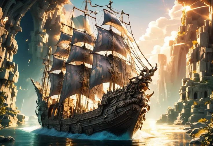 (medium shot , dutch angle) of spectral guardian sailing on a magical ship, detailed face, located in a magical scene at a enchanted mystic ruins during golden hour with clear weather, illuminated by sunlight, creating a wondrous serene atmosphere, ,Masterpiece,best quality, photo, realistic, very aesthetic