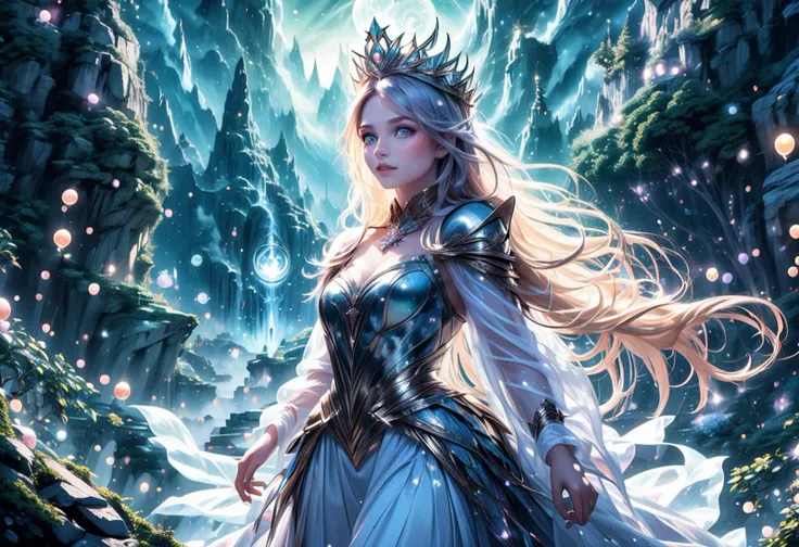 (medium shot , straight on) of enchanted princess climbing a mystical mountain, detailed face, located in a magical scene at a mystical river during starlit night with breezy weather, illuminated by sparkling orbs, creating a majestic mystical atmosphere, ,Masterpiece,best quality, photo, realistic, very aesthetic