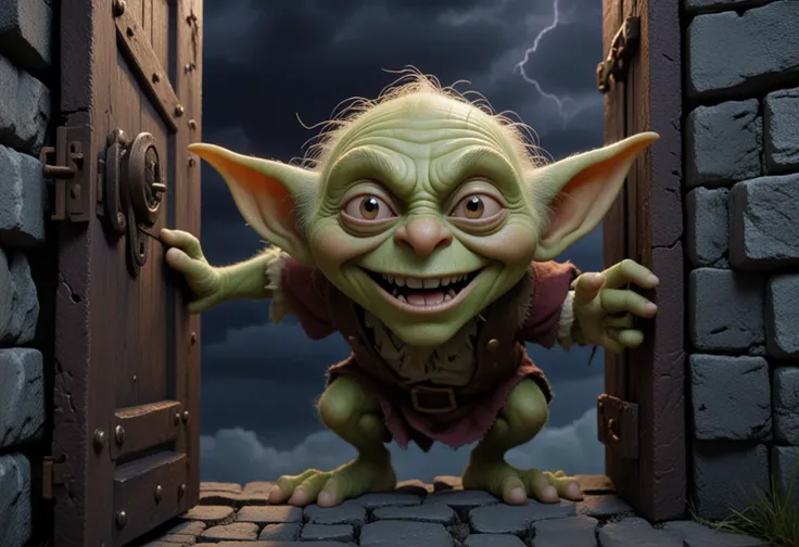 (medium full shot) of (medium shot , straight on) of mischievous goblin unlocking a secret door, detailed face, located in a magical scene at a magical giant's fortress during twilight with stormy weather, illuminated by starlight, creating a wondrous atmosphere, Masterpiece,best quality, photo, realistic, very aesthetic,