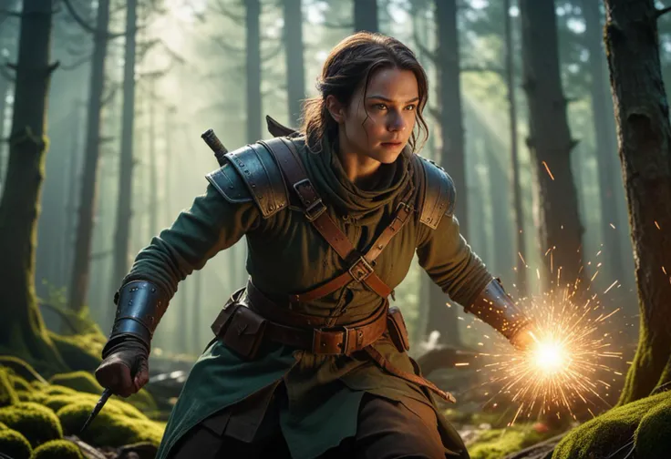 (medium full shot) of (medium shot , dutch angle) of cunning rogue training with a master, detailed face, located in a magical scene at a magical forest during noon with magical aurora weather, illuminated by radiant beams, creating a epic atmosphere, Masterpiece,best quality, photo, realistic, very aesthetic,