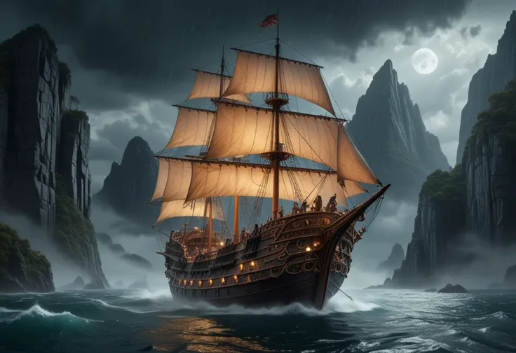 (medium full shot) of (medium shot , wide angle view) of phantom horseman sailing on a magical ship, detailed face, located in a magical scene at a ancient mountain during morning with stormy weather, illuminated by sparkling orbs, creating a heroic atmosphere, Masterpiece,best quality, photo, realistic, very aesthetic,