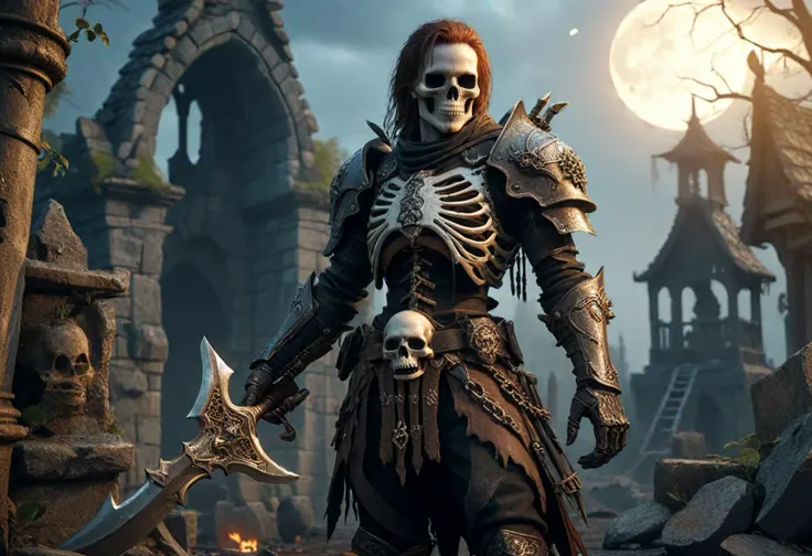 (medium shot ) of a (skeleton) warlord, , wearing Rusted helm, decayed cuirass, tattered gloves, brittle chainmail leggings, skeletal boots, holding wielding war scythe, crafting enchanted armor, located in a magical scene at a enchanted mystic ruins during dawn with clear weather, illuminated by moonlight, creating a majestic enchanting atmosphere, detailed face, ,Masterpiece,best quality, photo, realistic, very aesthetic