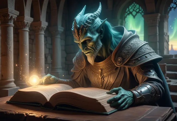 (medium full shot) of (medium shot ) of spectral guardian reading an ancient book, detailed face, located in a magical scene at a mystical castle during morning with magical aurora weather, illuminated by sparkling orbs, creating a adventurous atmosphere, Masterpiece,best quality, photo, realistic, very aesthetic,