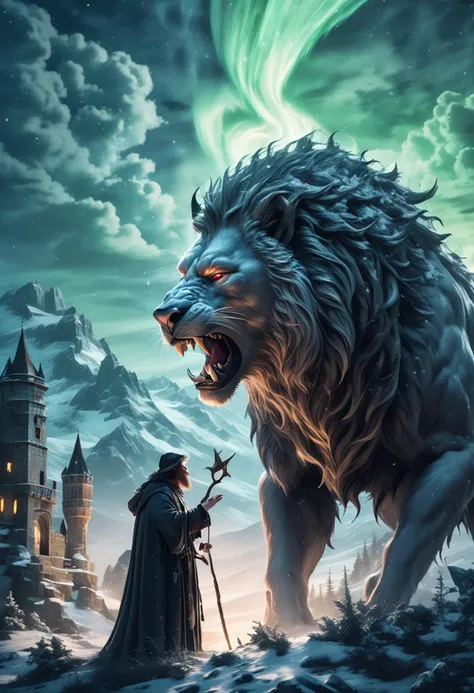(long shot ) of mysterious sorcerer taming a wild beast, detailed face, located in a magical scene at a ancient castle during dawn with magical aurora weather, illuminated by moonlight, creating a heroic enchanting atmosphere, detailed face, ,Masterpiece,best quality, photo, realistic, very aesthetic