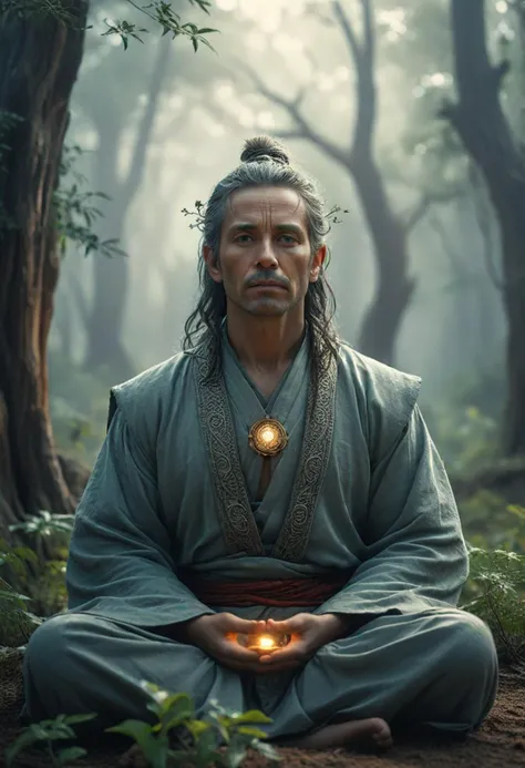 (medium shot ) of wise sage meditating in a sacred grove, detailed face, located in a magical scene at a serene desert during morning with stormy weather, illuminated by shimmering light, creating a mystical serene atmosphere, detailed face, ,Masterpiece,best quality, photo, realistic, very aesthetic