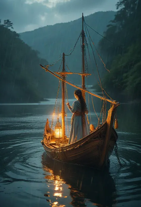 (long shot , slightly above) of ethereal spirit sailing on a magical ship, detailed face, located in a magical scene at a magical lake during golden hour with rainy weather, illuminated by radiant beams, creating a majestic mystical atmosphere, detailed face, ,Masterpiece,best quality, photo, realistic, very aesthetic