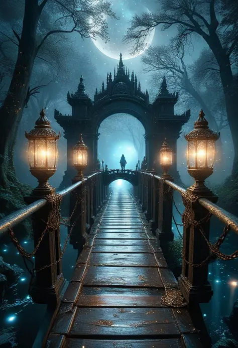 (long shot ) of celestial being crossing a mystical bridge, detailed face, located in a magical scene at a magical kingdom during starlit night with foggy weather, illuminated by sparkling orbs, creating a enchanting mystical atmosphere, detailed face, ,Masterpiece,best quality, photo, realistic, very aesthetic