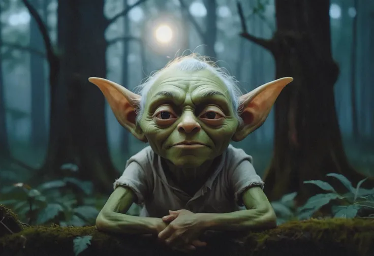 (medium full shot) of (medium shot , from above) of mischievous goblin meditating in a sacred grove, detailed face, located in a magical scene at a enchanted forest during dawn with foggy weather, illuminated by starlight, creating a heroic atmosphere, Masterpiece,best quality, photo, realistic, very aesthetic,