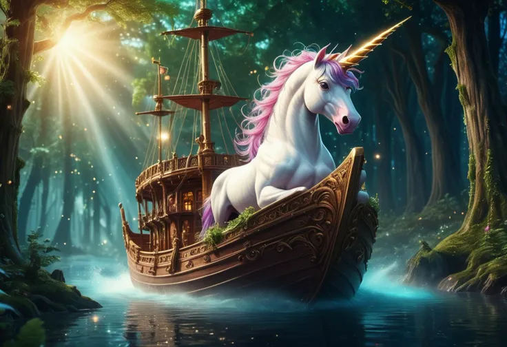 (medium full shot) of (long shot ) of mythical unicorn sailing on a magical ship, detailed face, located in a magical scene at a magical forest during starlit night with sunny weather, illuminated by sunlight, creating a epic atmosphere, Masterpiece,best quality, photo, realistic, very aesthetic,