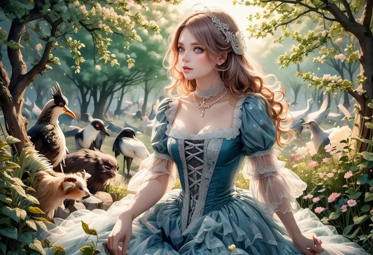 (long shot , birdâs eye view) of a young woman, Medium build, medium hazel side-swept hair 18th century harlot wearing a blue lace-trimmed dress, fishnet stockings, embroidered heels, pearl necklace, kohl-lined eyes beauty mark subtle blush, lace choker satin ribbon, talking to animals, detailed face, located in a magical scene at a enchanted meadow during noon with magical aurora weather, illuminated by sunlight, creating a heroic enchanting atmosphere, ,Masterpiece,best quality, photo, realistic, very aesthetic