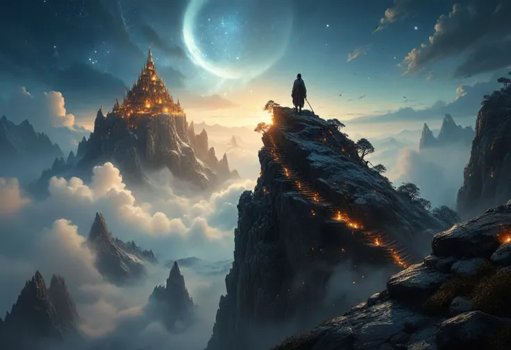 (long shot , back view) of celestial being climbing a mystical mountain, detailed face, located in a magical scene at a enchanted cloud kingdom during golden hour with foggy weather, illuminated by starlight, creating a wondrous mystical atmosphere, detailed face, ,Masterpiece,best quality, photo, realistic, very aesthetic