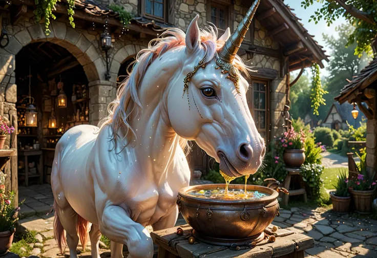 (medium full shot) of (medium shot , wide angle view) of mythical unicorn creating a potion, detailed face, located in a magical scene at a mystical village during afternoon with sunny weather, illuminated by sparkling orbs, creating a enchanting atmosphere, Masterpiece,best quality, photo, realistic, very aesthetic,