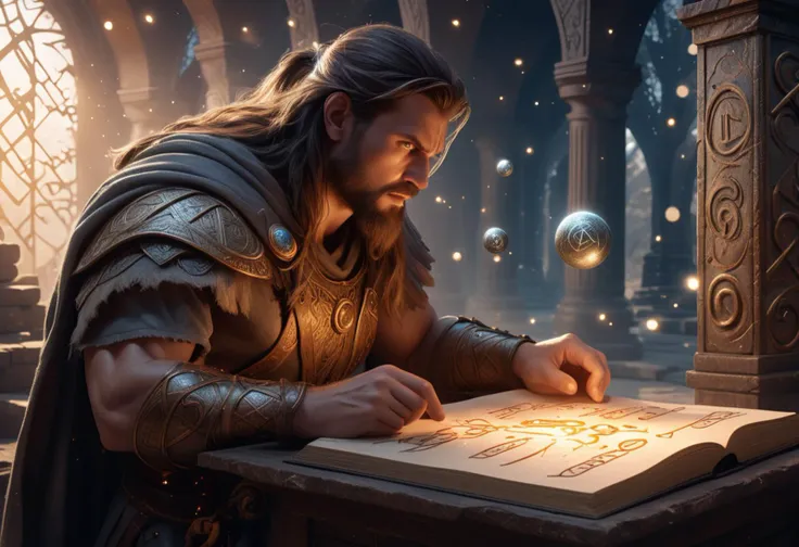 (medium full shot) of (medium shot ) of heroic warrior deciphering runes, detailed face, located in a magical scene at a ancient sorcerer's library during dawn with clear weather, illuminated by sparkling orbs, creating a enchanting atmosphere, Masterpiece,best quality, photo, realistic, very aesthetic,