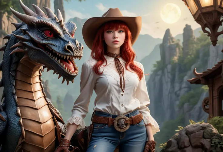 (long shot , slightly above) of a young woman, Average build, short red straight bangs hair cowboy wearing cowboy hat , Western-style blouse with lace-up neckline, denim pants , leather cowboy boots , leather gloves with reinforced palms and fingers leather belt with a decorative buckle, riding a dragon, detailed face, located in a magical scene at a enchanted dragon's lair during dawn with sunny weather, illuminated by moonlight, creating a enchanting wondrous atmosphere, detailed face, ,Masterpiece,best quality, photo, realistic, very aesthetic