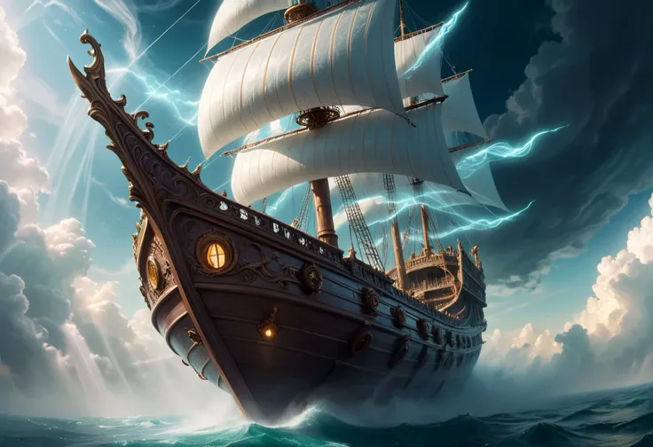(medium full shot) of (long shot , low angle view) of ethereal spirit sailing on a magical ship, detailed face, located in a magical scene at a magical cloud kingdom during afternoon with misty weather, illuminated by radiant beams, creating a wondrous atmosphere, Masterpiece,best quality, photo, realistic, very aesthetic,