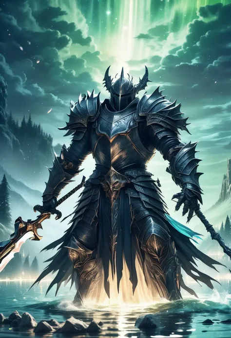 (long shot , straight on) of brave knight battling a monster, detailed face, located in a magical scene at a mystical lake during starlit night with magical aurora weather, illuminated by radiant beams, creating a magical heroic atmosphere, detailed face, ,Masterpiece,best quality, photo, realistic, very aesthetic